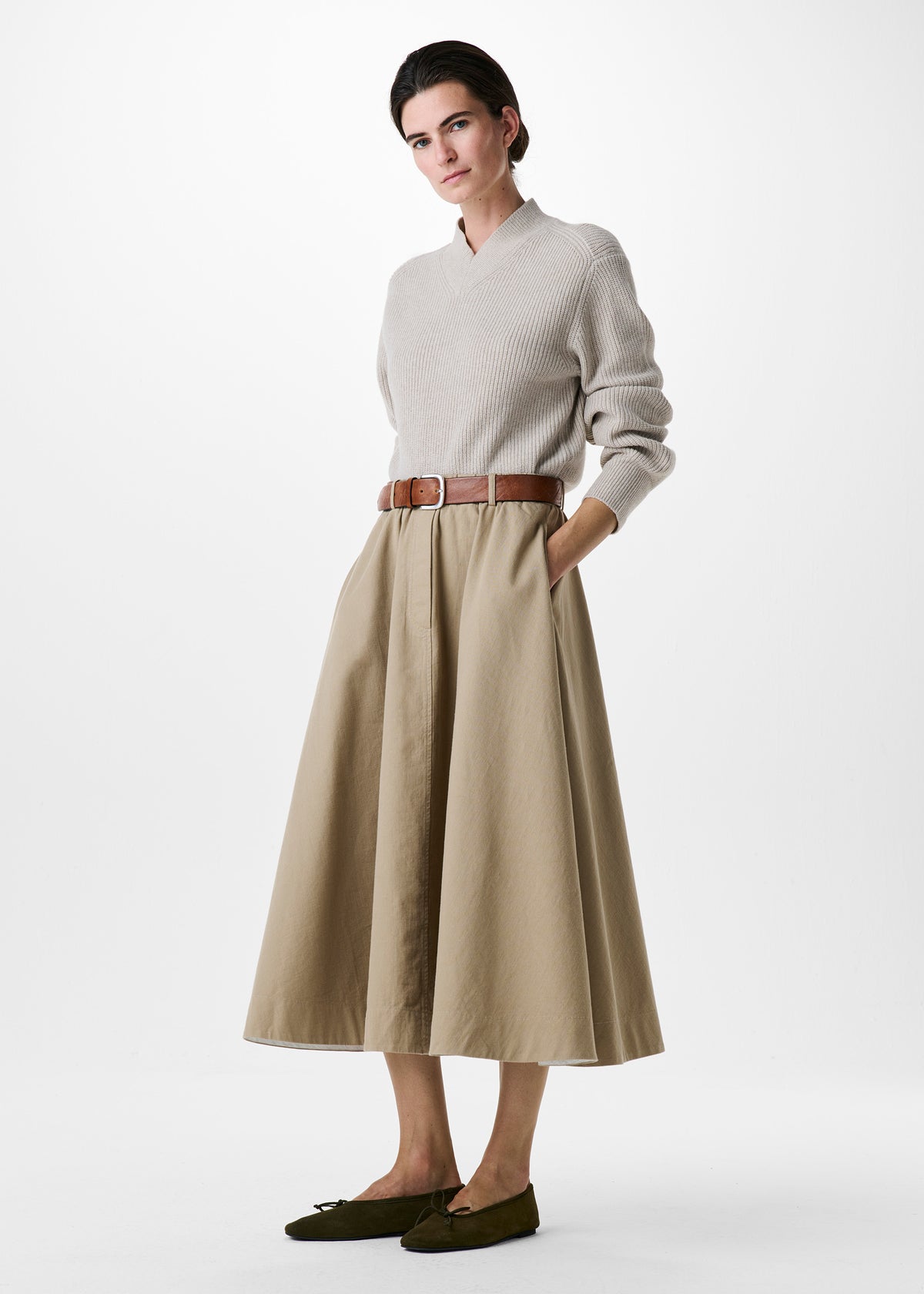 COTTON TWILL LONG WIDE SKIRT