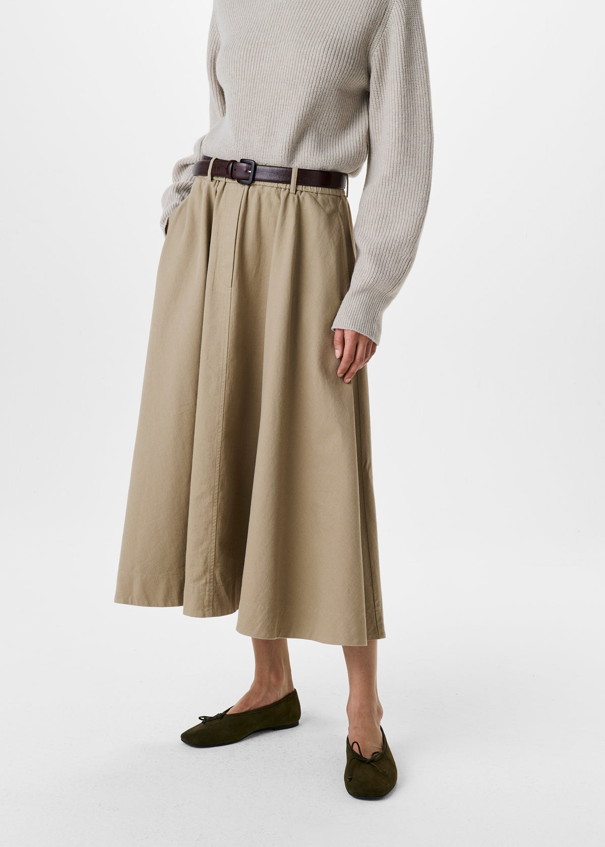 COTTON TWILL LONG WIDE SKIRT