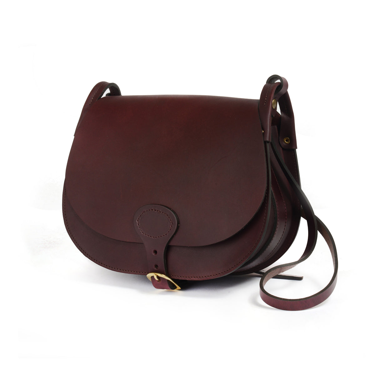 A dark reddish-brown leather saddle bag with a matching shoulder strap, featuring a front strap closure with a small gold-tone buckle, set against a plain white background.